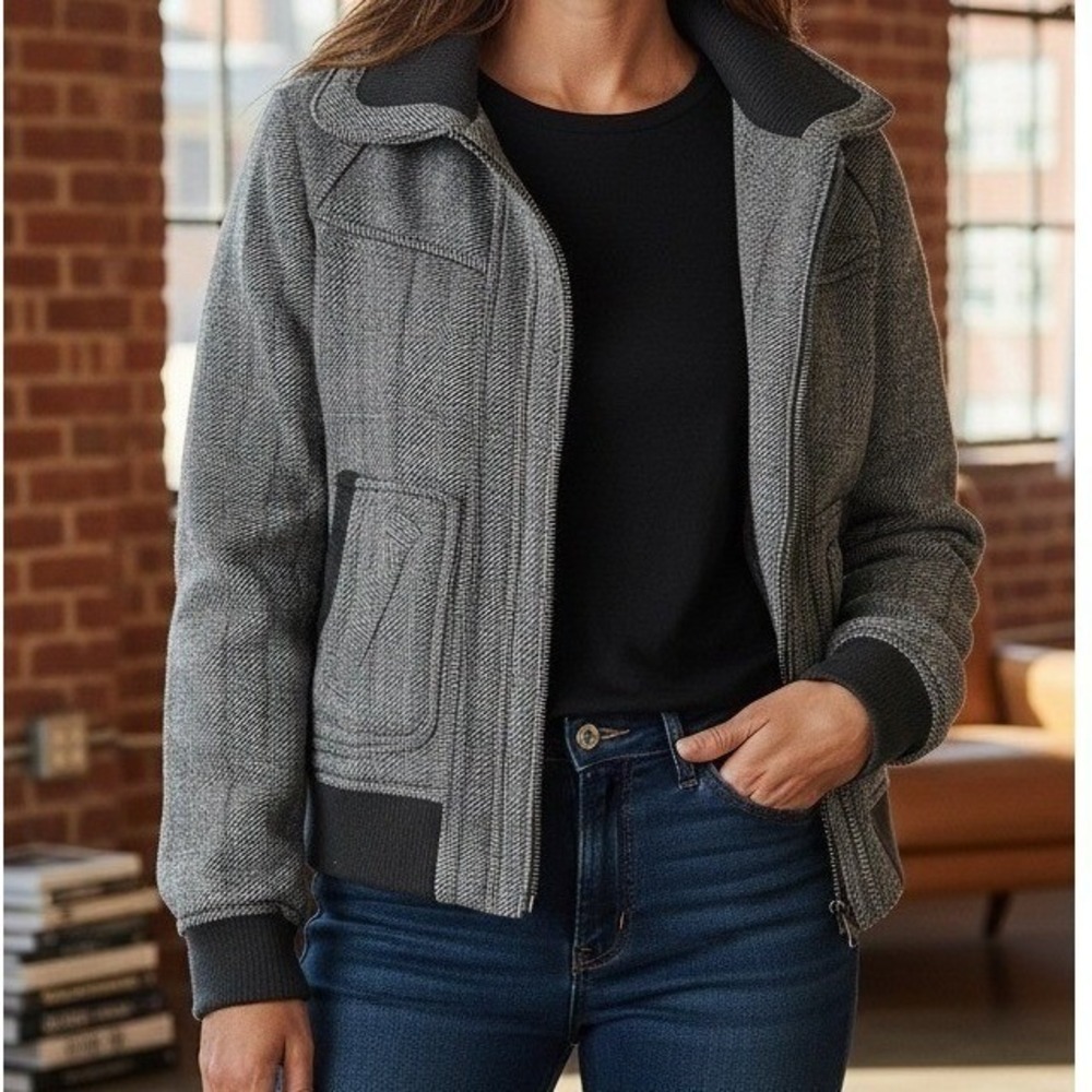 Herringbone Bomber Jacket Grey structured Pinstripe Size M Medium